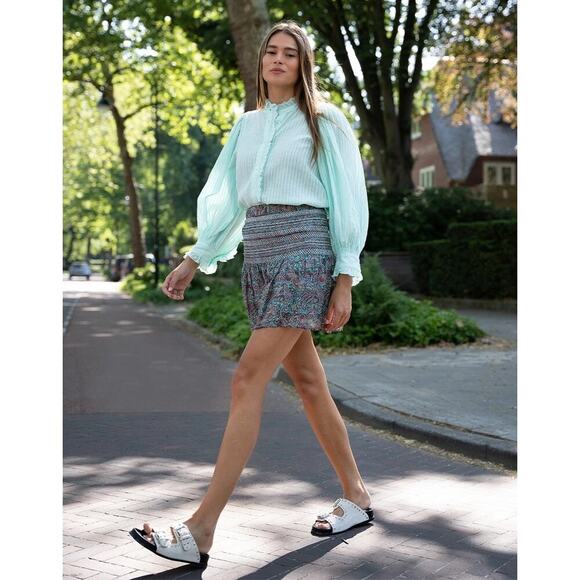 NWT Antik Batik S / 38 Yvonne Blouse Top Light Aqua Long Sleeve Ruffle Collar - Picture 2 of 14